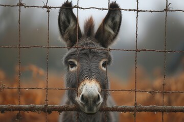 A curious burro stands tall, peering through the wire fencing, longing for freedom and adventure in the great outdoors