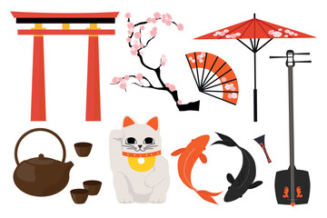 Set elements of Japanese culture in cartoon style. Vector illustration of traditional: torii gate, sakura, umbrella, fan, tea ceremony, maneki-neko, koi fish, shamisen isolated on white background.