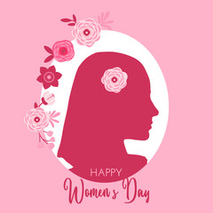 International Women's Day greeting card, vector illustration, banner, cover, social media. Silhouette of woman on pink background with flowers