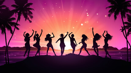 silhouette of happy women friends dancing at beach party at sunset, joyful group of female celebrate on vacation