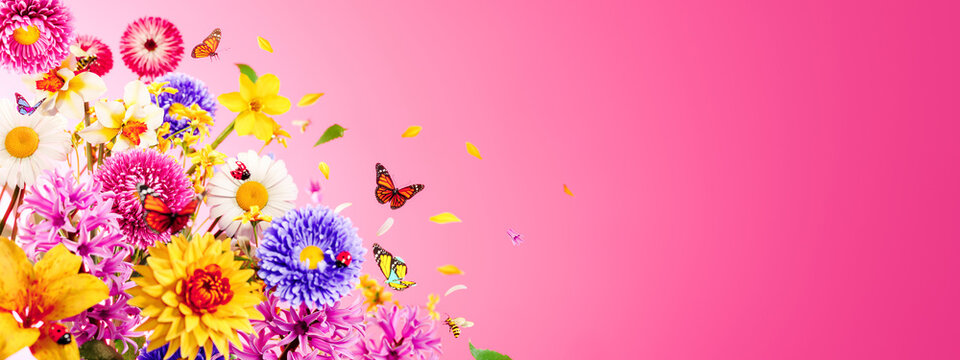 Beautiful colorful spring flowers with butterflies on vibrant pink background with copy space. 3D Rendering, 3D Illustration