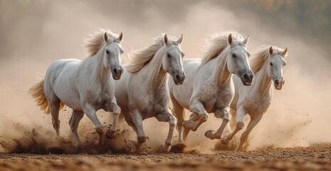 A magnificent herd of majestic mustang horses galloping freely through a sun-kissed field, their flowing manes and powerful hooves leaving dust in their wake