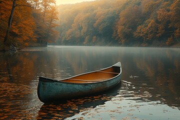 A lone canoe glides peacefully on a misty lake, surrounded by vibrant autumn foliage and towering mountains, its reflection mirroring the soft hues of the sunrise and sunset