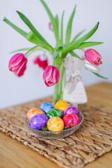 Easter decor and colorful eggs on the table
