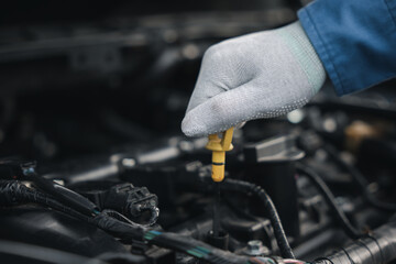 Professional mechanic examining car engine oil level with a tool on the road. Horizontal shot of expert testing engine liquid with open hood.