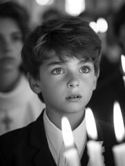 Sacred milestone: capturing the essence of first communion in a tender and symbolic portrayal, where young believers embrace the solemnity and spirituality of this significant rite