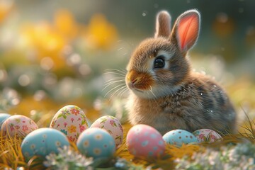 Fototapeta na wymiar A curious mountain cottontail bunny sits among vibrant flowers, surrounded by colorful eggs in a picturesque easter scene