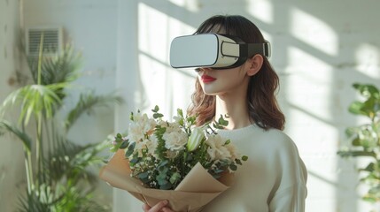 a happy woman wearing VR glasses intimately engaged in a virtual conversation with her beloved on...