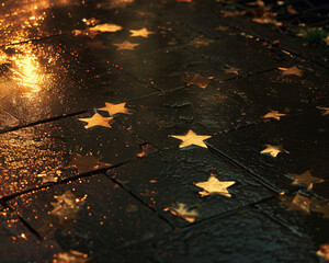 Golden Stars on Wet Cobblestones with Evening Sun Reflection. Autumn Celebration Concept for Festival Poster Design

