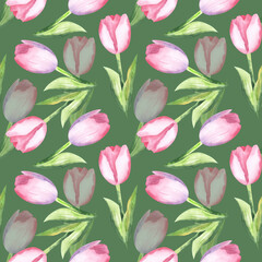 Seamless pattern with pink tulips. Watercolor spring floral hand drawn illustration. For fabric, design, textile, wallpaper. Green background