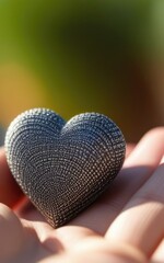 Beautiful fluffy voluminous metallic heart lies on palm in closeup. Womans hand holds heart on blurred background. Copy space. For valentines, mothers day greeting card, love sale banner, voucher.