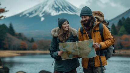 A young couple bearded international travel in Fuji japan landmark is navigating map,generative ai - Powered by Adobe
