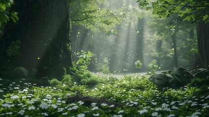 Beautiful spring forest with white flowers in the rays of the sun