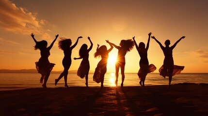 silhouette of happy women friends dancing at beach party at sunset, joyful group of female celebrate on vacation