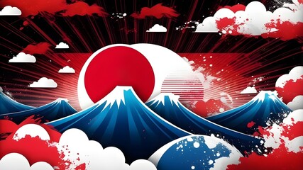 Japan national foundation day february 11, graffiti style poster, red circle japan flag, japanese text banner, national special day holiday
