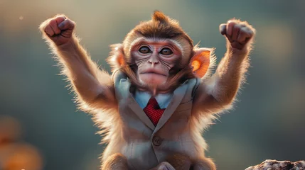 Zelfklevend Fotobehang monkey in suit cheering © Christian