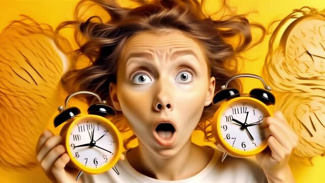 Lateness: frightened look of a girl with alarm clocks