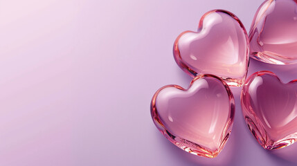 Fototapeta premium Pink glass hearts on a purple background, space for copy