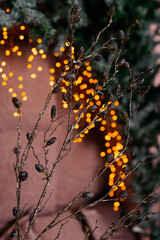 A blurred festive scene with fairy lights and twigs, adding depth and softness to the composition.