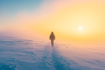 A light on my path, person hiking in snow