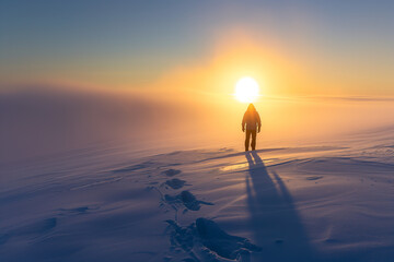 Fototapeta na wymiar A light on my path, hiking lookout in vast snowscape.