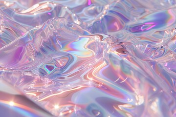 The image is an abstract 3D rendering of a liquid surface. It features a rainbow of colors, including blue, purple, and green, that create a wavy and reflective texture. The background is blurred