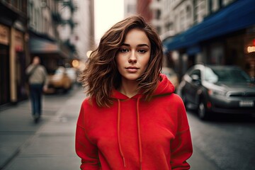 Fototapeta premium Young man walking through the streets of New York City in a red hoodie. Blurred background with the city.