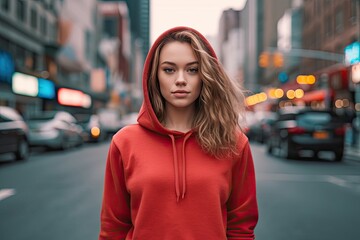 Fototapeta premium Young man walking through the streets of New York City in a red hoodie. Blurred background with the city.