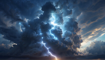 Dramatic beauty unfolds as striking lightning pierces through gray clouds, an electrifying dance of nature's forces in a captivating skyscape.