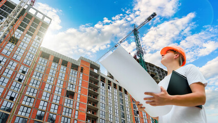 Builder engineer look on construction of a multi-storey residential building