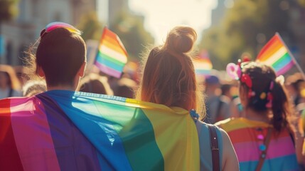 couple of LGBT people in a march with flags of real inclusion day. lgbt march concept, human rights, gays, lesbians, bisexuals