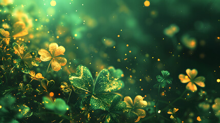 St. Patrick's Day background with clover leaves and bokeh effect - obrazy, fototapety, plakaty