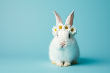 Happy fluffy white bunny rabbit wearing daisy flower crown on blue background. Easter holiday and spring concept. Pets minimalism. Copy space.