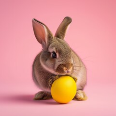 Fototapeta na wymiar Easter bunny rabbit with yellow painted egg on pink background. Easter holiday concept