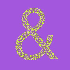 Mosaic-style ampersand made of small green triangles on purple background