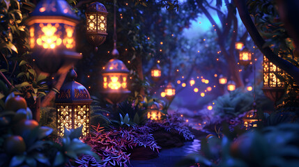 Obraz na płótnie Canvas Garden with islamic lanterns in the night