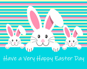 Cute Easter bunny on a striped background. Greeting card, holiday poster, cartoon children's style, vector.