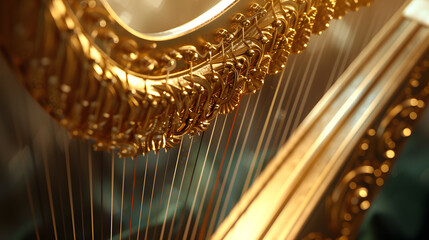 Closeup golden harp strings