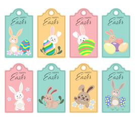 Set of Easter stickers, labels. Cute Easter Bunny with eggs and flowers. Postcards, stickers, cartoon childish style, vector