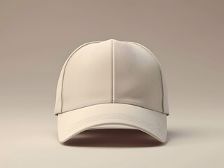 Front view 3d mockup of a cream-coloured baseball cap with its shadow, isolated within a cream and grey combination background. Suitable for product design, and branding. Created with Generative AI.