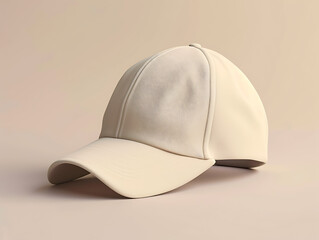 Side view of a 3d mockup of a cream-coloured baseball cap with its shadow, isolated within a cream-coloured background. Suitable for product design, and branding. Created with Generative AI.