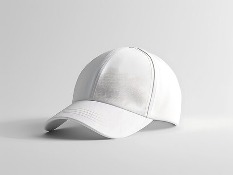 Side view of a 3d mockup of a white baseball cap with its shadow, isolated in a grey room. Suitable for product design, and branding. Created with Generative AI.