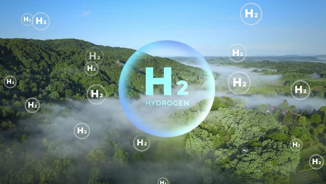 Animation of H2 hydrogen molecules as a future clean energy transition fuel for Net zero Emission scenario. Aerial with 3D graphic over green eco forest