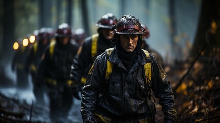Obraz premium Team of professional firefighters working together in emergency service. International firefighter's day 