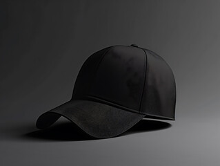 Side view of a 3d mockup of a black baseball cap with its shadow, isolated within a black background. Suitable for product design, and brand. Created with Generative AI.