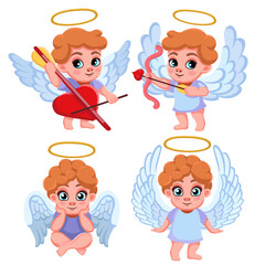 Set cartoon lovely angels characters. Love cupid. Cute cupid  shoots from a bow. Cupid plays a  heart-shaped cello . A cute Cupid sits