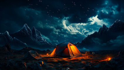 Lightning dark tent at night camping scene.