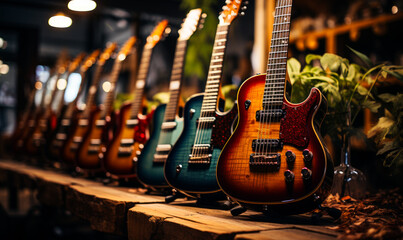 The selection of acoustic guitars. Electric guitars in row on wooden shelf in music store - obrazy, fototapety, plakaty