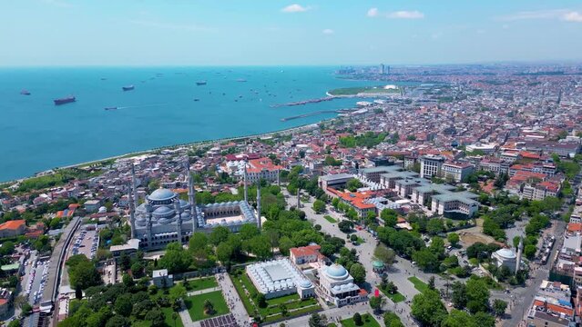 Historic Istanbul aerial view including Blue Mosque in Sultanahmet, Golden Horn, Beyoglu, Topkapi Palace, Bosphorus Strait, Istanbul, Turkey. Historic Areas of Istanbul is a UNESCO World Heritage Site