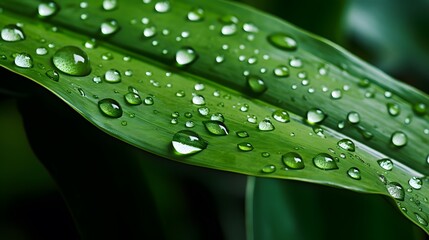 A macro shot of water drops on a tropical leaf
